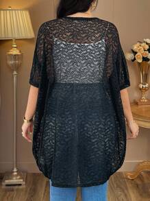 Elenzga Áo khoác tay cánh dơi viền ren 3D cỡ lớn cho nữ - màu đen - Xem 2