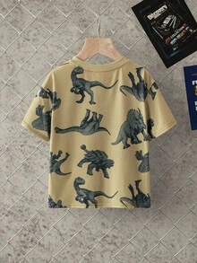 Discovery X SHEIN 男童恐龙印花休闲宽松圆领短袖针织 T 恤，夏季