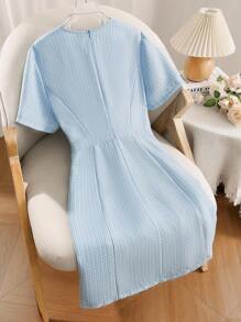 Franclia 大码女式圆领单排扣优雅粗花呢短袖连衣裙 - 藍色 - 查看 2