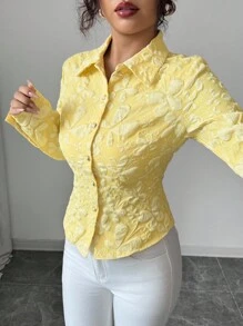 Elenzga Áo sơ mi Jacquard họa tiết trơn màu thời trang thanh lịch dành cho nữ, áo cánh dài tay cổ bẻ cài nút, phù hợp mặc hàng ngày và hẹn hò - Màu vàng - Xem 4