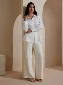 Graceveil Women Loose Fit 3D Flower Embellished White Long Sleeve Shirt White Blouses Elegant - White - View 7