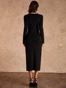 SHEIN Unity 珍珠和水钻装饰修身长袖超长毛衣裙，优雅性感 - 黑色 - 查看 2