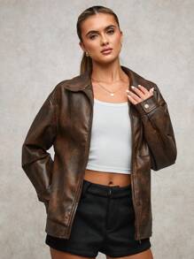 SHEIN BAE Damen einfarbige Reißverschluss Lässig vielseitige Langarm Jacke, braune Kunstleder Jacke mit melierter Textur, Gürtel am Saum, Bikerjacke im Vintage-Look, Winterjacke für Damen