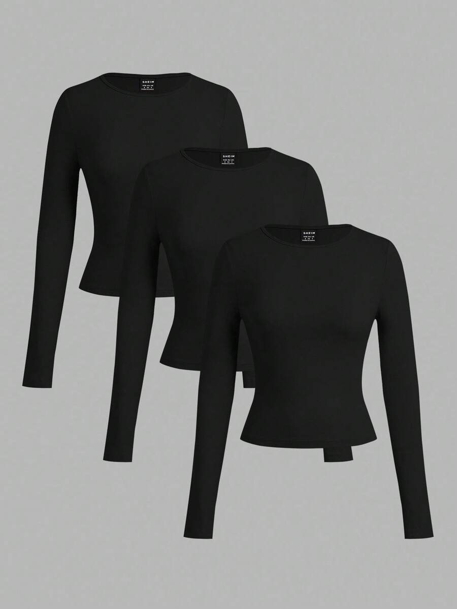 SHEIN EZwear 3 件套女士休闲宽领修身长袖 T 恤套装，适合秋冬季 - 黑色 - 查看 1