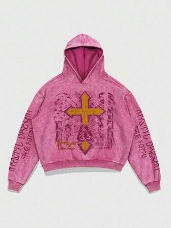 Goth sweat-shirt à capuche à manches longues casual doublé thermique avec imprimé lettres et croix pour hommes