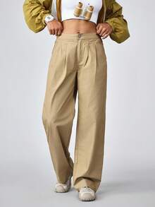 Pantaloni in jeans a gamba ampia, casual e versatili, di colore unito, adatti per escursioni all'aperto, con protezione solare, leggeri e ad asciugatura rapida, con tasche, pantaloni in denim a gamba ampia - Cachi - Visualizzare 5