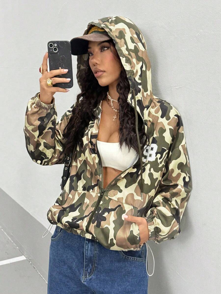 StreetHx Damska kurtka z kapturem, długim rękawem i ściągaczem, w kamuflażu Branch - Wielokolorowe - Zobacz 1