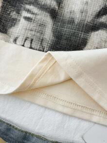 少女白色针织休闲个性修身短裤短袖圆领可爱猫咪图案印花T恤，适合居家休闲、购物、午餐、派对 - 杏色 - 查看 6