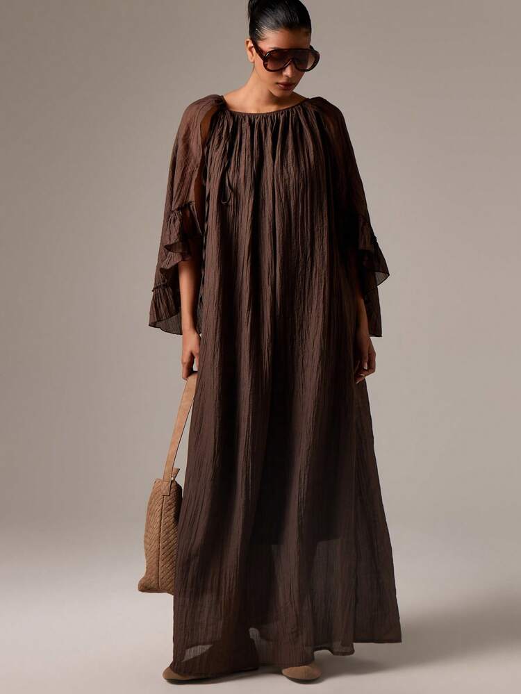 AiiRZ Off Shoulder Flowy Maxi Dress Ruffle Sleeve Gathered Empire Waist Full Length Evening Gown Fall Winter Holiday Party Dress