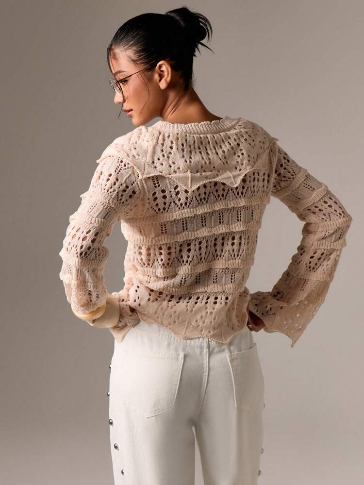 Crochet Knit Top With Ruffle Details And Long Sleeves