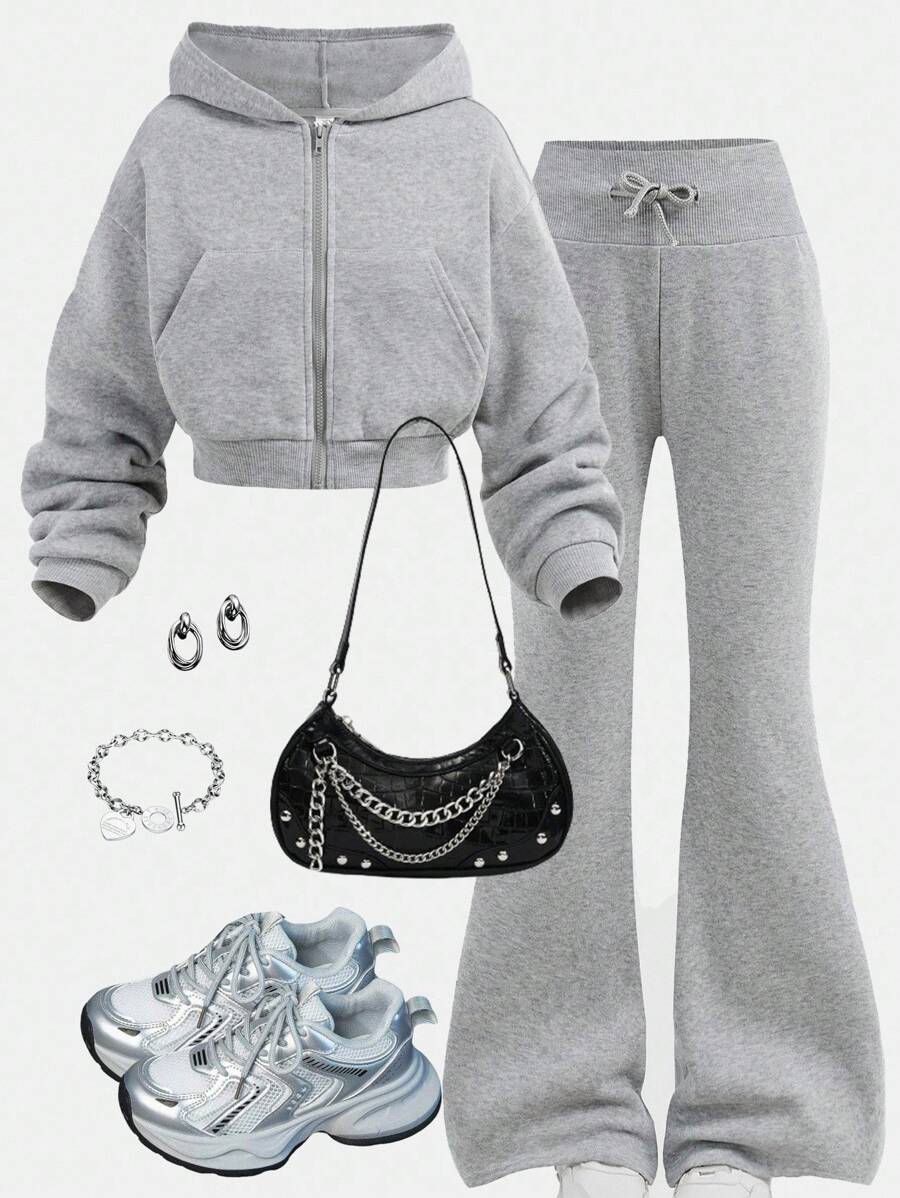 Girlism Tween Girls Knit Hooded Zip-Up Sweatshirt And Sweatpants Set, Casual Loungewear, Autumn/Winter Fall