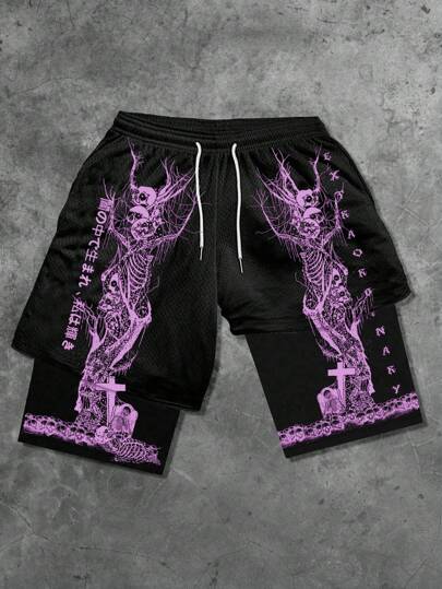 Goth Pantalones cortos deportivos de 2 en 1 con estampado gótico para hombres, aptos para uso diario, primavera/verano, Halloween