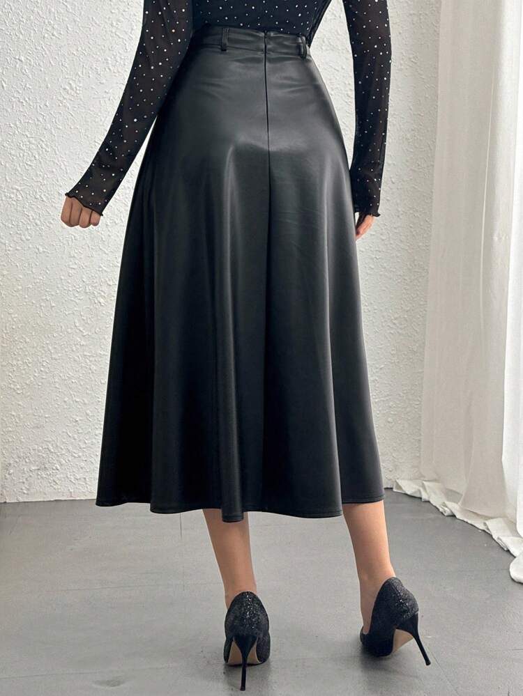 Women's Solid Color A-Line Skirt, Autumn Winter Women Skirts Leather Skirts