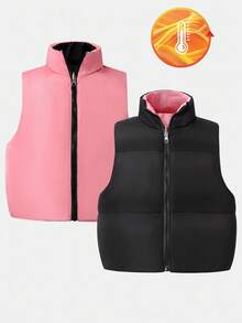 Chaleco reversible sin mangas acolchado para niña preadolescente, negro y rosa, cuello casual, adecuado para la escuela y el transporte, otoño/invierno