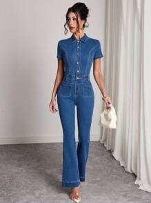 Elenzga 女式常规肩短袖合身喇叭休闲牛仔连体裤 - 中等水洗藍 - 查看 3