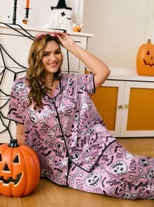 Chillnights Plus Size Halloween Element Printed Mock Neck Loungewear Pajama Set - Pink - View 12