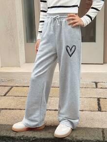 SHEIN 青少年女孩休闲宽松直筒针织运动裤，适合周末、休闲外出、返校、秋冬 - 淺灰色 - 查看 5