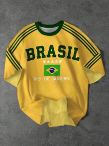 SHEIN Leap Crew Brasil, Soccer, Football, Player, Fans, Street Style, Kids'' Choice Collection, Everyday Basic, Happy Kids, Pastel Colors For Kids, Bikercore, Family Trip, Happy Days, I Love Mommy, I Love Daddy, Lovely Home, Cool Kids, Tween Girl Casual Simple Short Sleeve Round Neck T-Shirt, Suitable For Summer - Multicolor - View 2