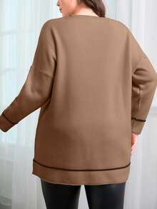 EURMUSE Suéter con mangas de murciélago y ribete de contraste en talla grande - Camel - Ver 2