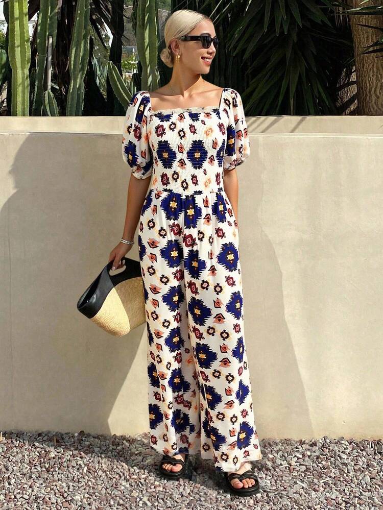 Women's All-Over Floral Print Surplice Puff Sleeve Jumpsuit, Vacation Loose Wide Leg Style Women Dresses Elegant Gown Woman Summer Clothes Work Summer Dresses Women Summer Clothing Women Birthday Easter Boho