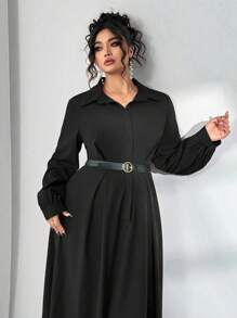 Elenzga 优雅通勤纯色灯笼袖连衣裙，大码女式秋季长裙 - 黑色 - 查看 7