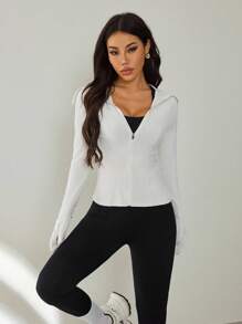 SHEIN PETITE Women Solid Color Zip Front Casual Long Sleeve Lightweight Jacket Sports Sun Protection In Fall/Winter - Light Grey - View 4