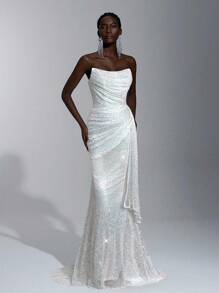 Elitara Cổ áo xếp nếp đính sequin trang nhã, đính đá 3D có thể tháo rời, xếp nếp bên hông, thích hợp cho những dịp trang trọng, đám cưới, tiệc tùng, lễ tốt nghiệp, vũ hội - trắng - Xem 5