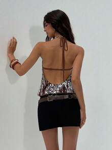 Aloruh Women's Sequin Design Hollow-Out Sexy Halter Neck Camisole - Brown - View 2