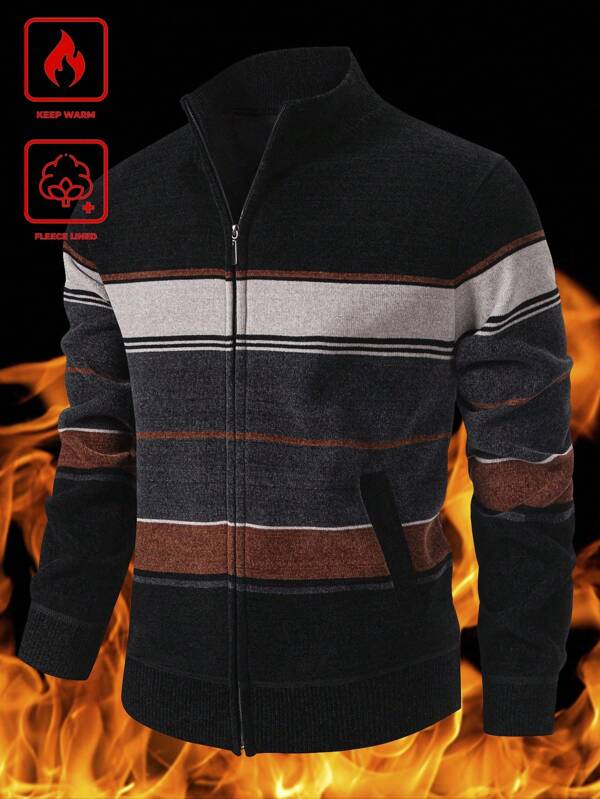 Manfinity Homme Men's Striped Long Sleeve Zip-Up Casual Cardigan