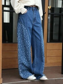 K-Vae Women's Autumn And Winter Small Floral Print Patchwork Jeans, Retro Country Style,Alloween Costumes,Chic Autumn