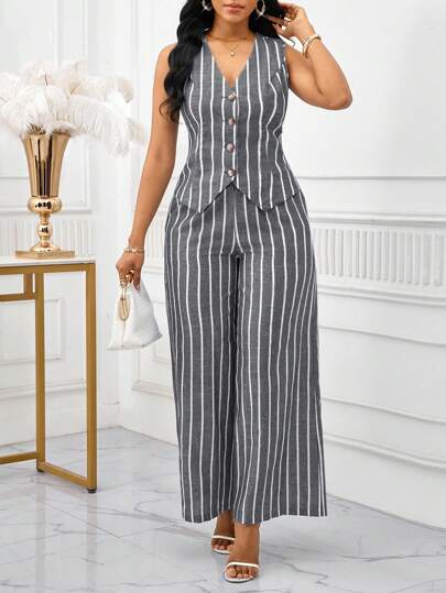 SHEIN Lady 2025 新款撞色条纹面料女士优雅无袖背心和裤子套装，商务通勤风格，夏季女士两件套服装女士两件套服装，女士工作服条纹两件套2件套女士休闲