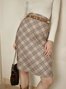 Cévolie 女士时尚优雅格子中长裙 - 彩色 - 查看 4