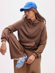 Eassivo Eassivo 女式纯色插肩袖拉链半襟休闲连帽运动衫 - 棕色 - 查看 5