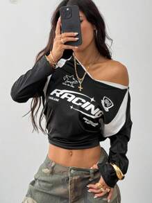 Coolane 女士秋季街头时尚运动装时尚图案撞色黑白长袖针织T恤