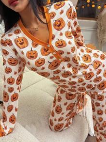 SHEIN 女士万圣节南瓜印花 T 恤和裤子睡衣套装，橙色舒适睡衣套装，秋季服装 - 杏色 - 查看 6