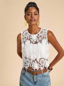 Travachic Vacation Casual Solid Color Hollow Out Lace Camisole White Lace Top Lace Tank Top Crochet Top Floral Lace Top White Crochet Top,Casual Woman Style, Fall Outfits For Women, Chic Autumn,Going Out Outfit,Elegant Outfits,Country Style For Women