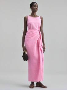 Ontre 2025 女士休闲纯色无袖裹身长裙，适合海滩、度假、毕业典礼、办公室、海滩派对、夏季 - 玫紅色 - 查看 2
