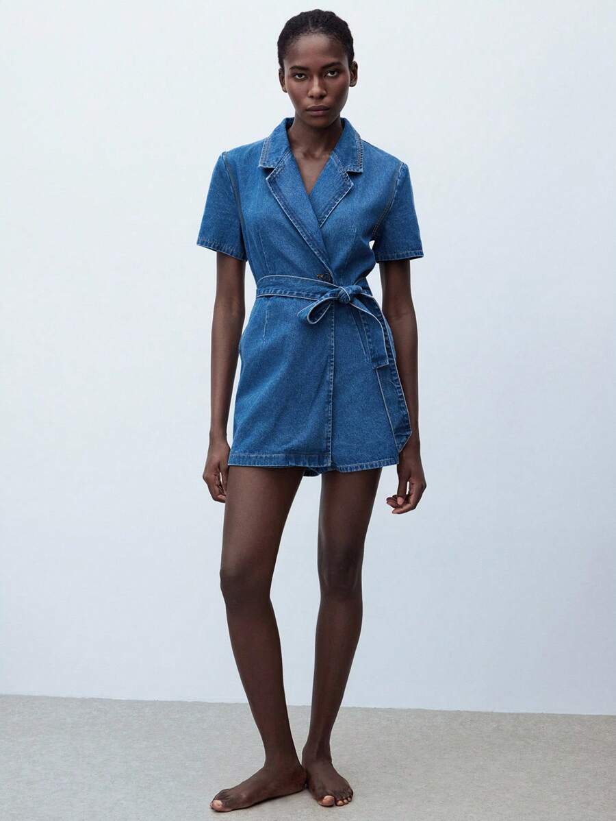 Maija Quần yếm denim và áo liền quần cho nữ, quần short liền quần tay ngắn bó sát, trang phục công sở thường ngày màu xanh lam cho nữ khi trở lại trường - Rửa tối - Xem 1