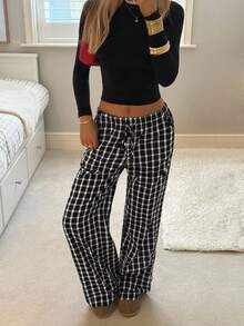 CovetEZ Women's Autumn And Winter Clothing Home Casual Plaid Brushed Black Casual Plaid Drawstring Waist Loose Pants - Black and White - View 2