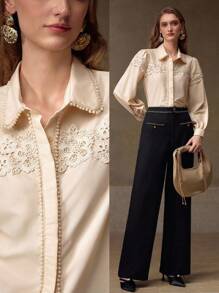 MOTF PREMIUM 撞色凸纹蕾丝优雅办公室长袖衬衫 - 杏色 - 查看 7