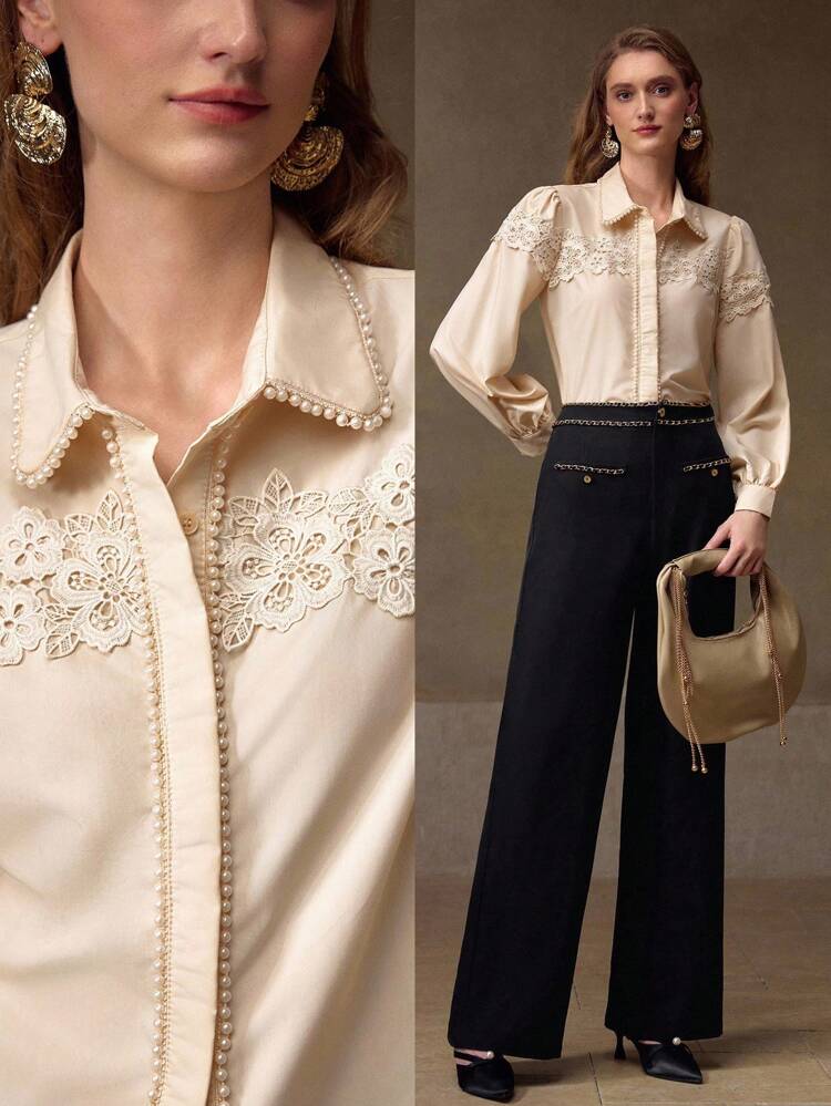 CONTRAST GUIPURE LACE ELEGANT OFFICE WEAR LONG SLEEVE SHIRT