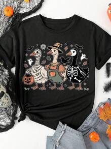 EMERY ROSE 1pc Plus Size Halloween Cartoon Print Short Sleeve T-Shirt - Black - View 1