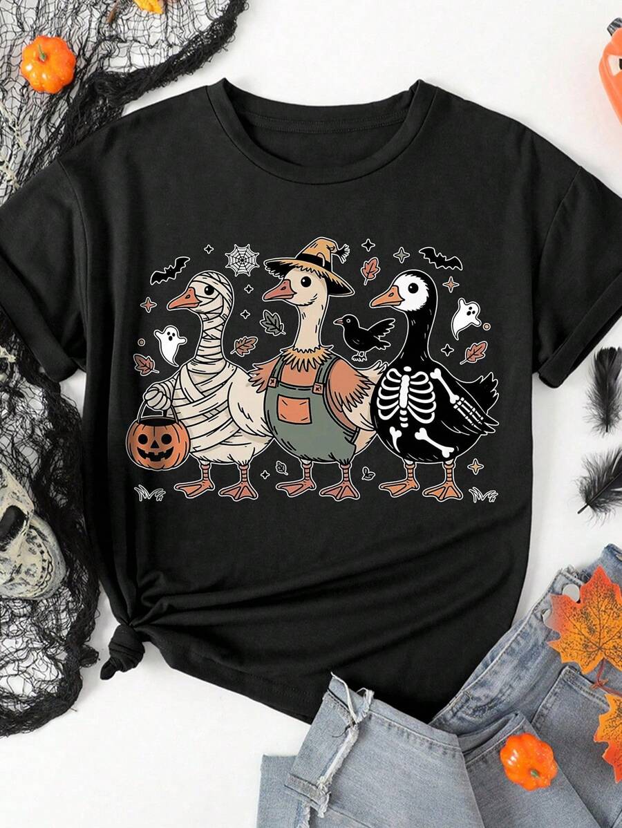 EMERY ROSE 1pc Plus Size Halloween Cartoon Print Short Sleeve T-Shirt - Black - View 1