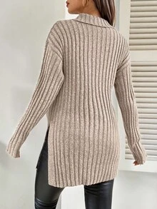 SHEIN كنزة صوفية حمل خريفية ذات لون سادة، سحاب نصفي، كتف منسدل، أكمام طويلة، شق جانبي في الذيل، حمل خريفي وشتوي، ملابس علوية حمل شتوية مرتبة، حمل شتوي دافئ - بني فاتح - مشاهدة 2
