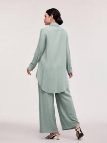 Veilorie 2件套女士纯色长袖衬衫和休闲裤 - 綠色 - 查看 3