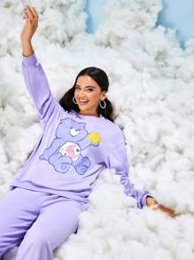 SHEIN X Care Bears Women's Casual Cute Cartoon Bear Print Dropped Shoulder Loose Pullover Sweatshirt And Straight Leg Pants Set, Spring/Autumn - Mauve Purple - View 6