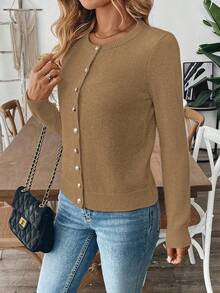 EMERY ROSE Cárdigan casual de mujer de unicolor de manga larga - Camel - Ver 4