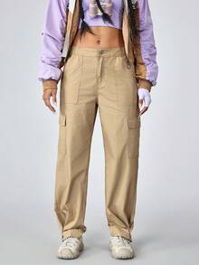 Jeans cargo de couleur unie décontractés pour femmes - Kaki - Voir 4