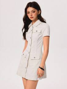SHEIN EZwear Women's Solid Color Simple Short Sleeve Denim Dress - Apricot - View 4