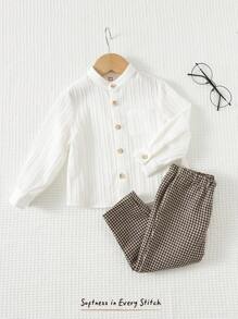 Cozy Pixies 男婴圆领长袖开衫上衣和松紧腰裤两件套；男婴格子套装；男婴亚麻套装；男童套装；男婴休闲套装；男婴感恩节套装；男婴长裤配衬衫；男婴千鸟格裤；男婴秋冬装 - 彩色 - 查看 3